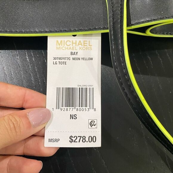 MICHAEL KORS Exclusive Bay Large Woven Canvas Tote Bag Black/green trimed - Picture 4 of 8